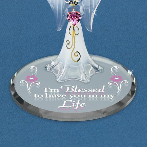 Glass Baron Angel 'I'm Blessed' - Angel Heart Figurine, White, Pink, Clear - Modern with Mirrored Base