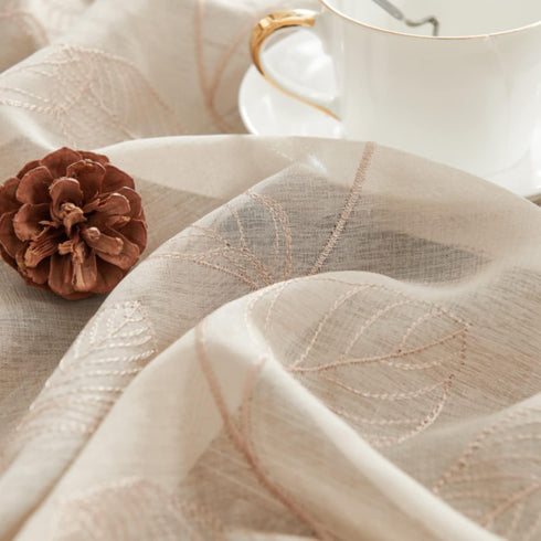 Topick Beige Sheer Leaf Curtain Kitchen Valance for Windows, Leaf Embroidered Voile Small Curtain 16 Inch