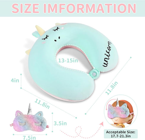 Set urnexttour Neck Travel Pillow for Kids, Unicorn Airplane Memory Foam Pillow with Cute Sleep Mask & Earplugs