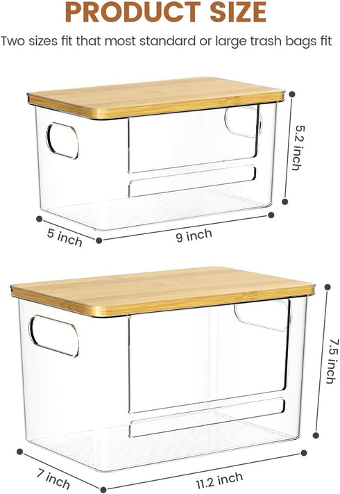 2 Pack, 4-33 Trash Bag Dispenser Stackable Trash Bag Holder with Bamboo Lid Clear Plastic Garbage Bag Organizer for Gal
