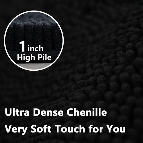 Black Bathroom Rug Chenille 3-Piece Set, Extra Soft and Absorbent Shag Bathroom Mats