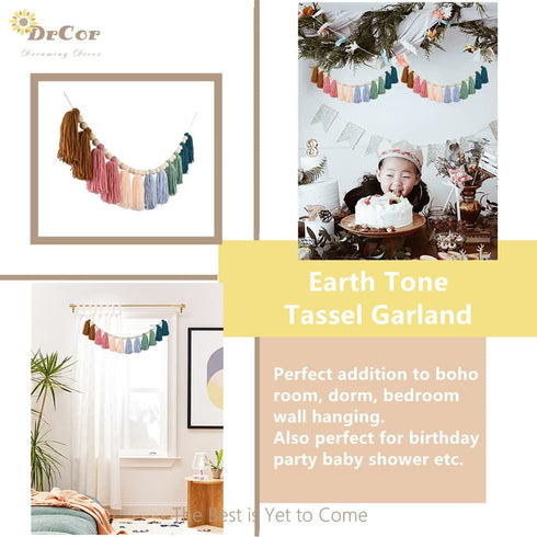 DrCor Boho Rainbow Tassel Garland - Handmade Cotton Yarn Wall Hanging in Earthy Tones for Nursery, Kids Room, Baby