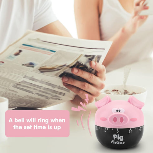 Cute Cartoon Pig Kitchen Timer, 0-55 Minute Wind Up Dial, Loud Alarm Timer, Mechanical Cooking Timing Tool (Pink)