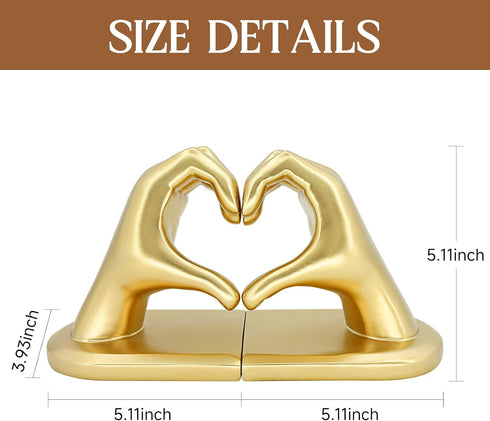 Book Ends for Shelves, Gold Heart Hands Decorative Bookends Book Holder for Bookshelf Decor, Unique Book Holders Heavy