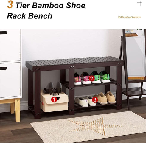 PayLessHere 5-Tier Closet (3 Bamboo Shoe Rack Shoe Bench Shoe Shelf Free Standing Storage Organizer with Additional