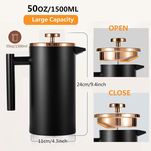 1500ml, 50oz, Stainless Steel French Press Coffee Maker Black Double-Wall Insulated Large French Coffee Press
