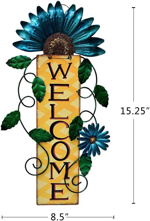 Welcome Sign for Front Door Decor, Metal Flower Hanging Wall Art for Indoor Outdoor Patio Garden Yard, 15.25X8.5In (C)