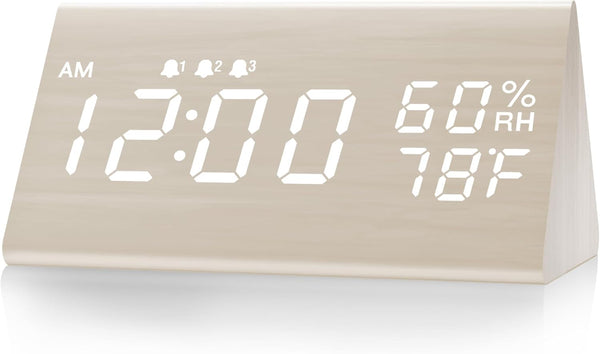 Digital Alarm Clock with Wooden LED Time Display, 3 Alarm Settings, Humidity & Temperature Detect