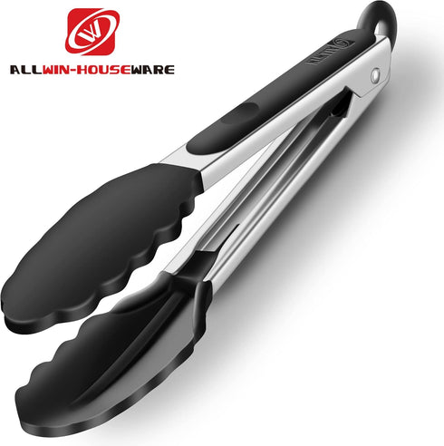 2 Pack Black Kitchen Tongs, Premium Silicone BPA Free Non-Stick Stainless Steel BBQ Cooking Tongs, 9-Inch & 12-Inch