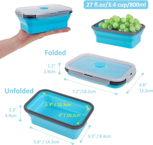 Set of 4 Collapsible Food Storage Containers with Airtight Lid, 27 oz, Kitchen Stacking Silicone Meal Prep Containers