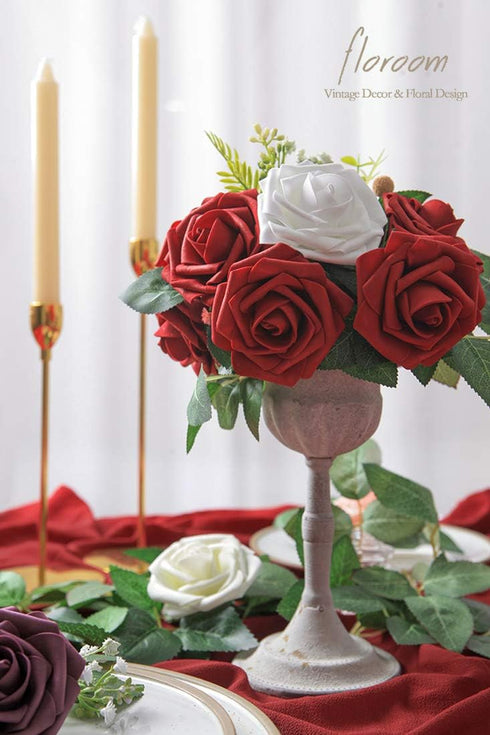 Floroom Artificial Flowers 25pcs Real Looking White Foam Fake Roses with Stems for DIY Wedding Bouquets