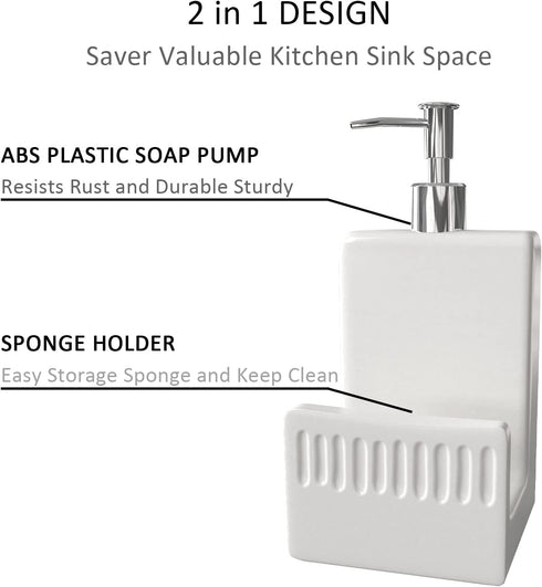 2 1 Soap Dispenser with Sponge Holder, Ceramic Dish Soap Dispenser for Kitchen Sink, in Refillable Liquid Hand