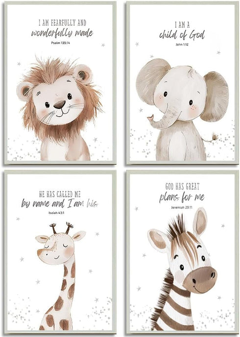 4Pcs Nursery Bible Verse Animal Canvas Wall Art Funny Cute Safari Animals