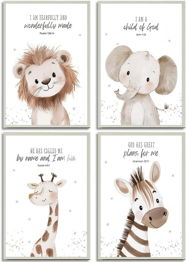 4Pcs Nursery Bible Verse Animal Canvas Wall Art Funny Cute Safari Animals