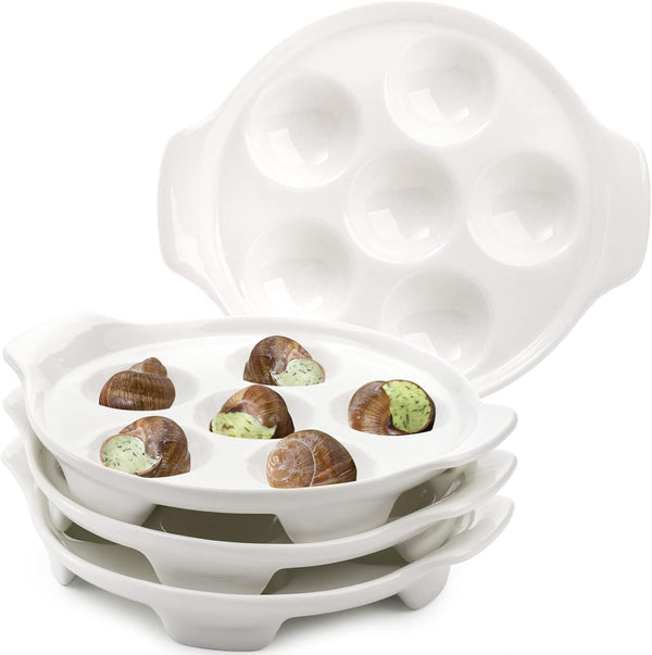 Okllen 4 Pack Ceramic Escargot Plates, 6.5 Inch Seafood Snail Dish with Handles, White Baking Dish