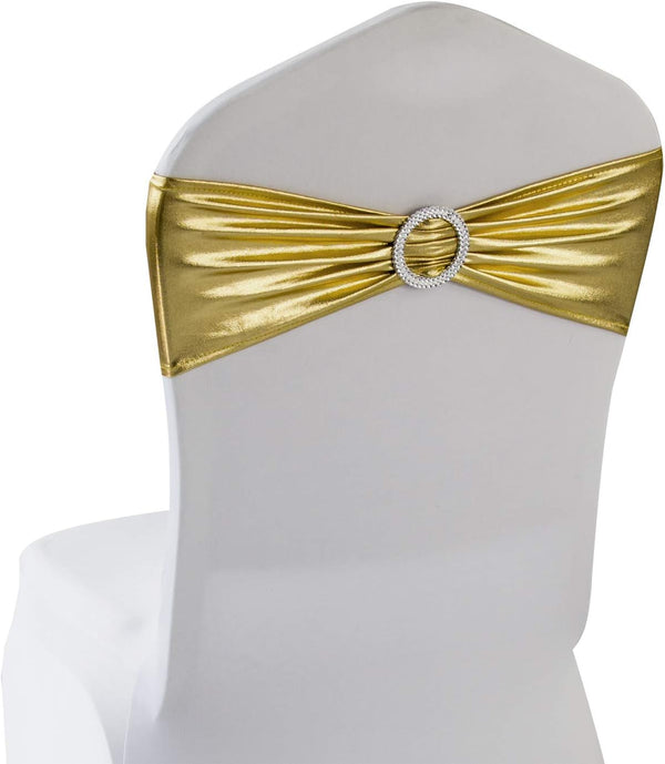 WELMATCH Metallic Gold Spandex Chair Bands Sashes - 50 pcs Wedding Banquet