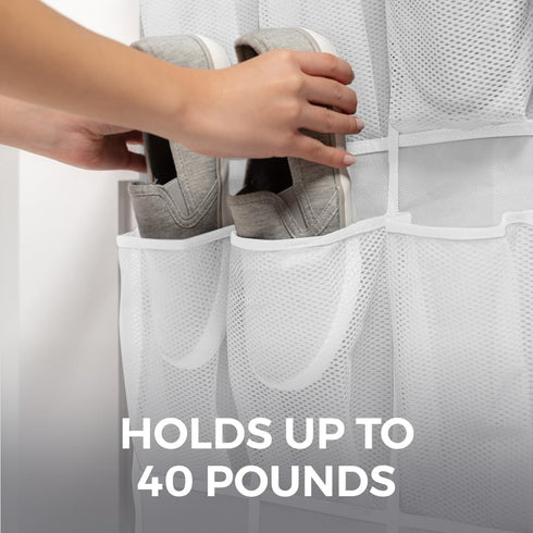 HOME GENIE 24 Pocket Strong Space Saving Over Door Shoe Organizer, Holds Up to 40 Pounds, Stay In Place Hooks Large Breathable Mesh Pocket Hanging Behind Closet Caddy Holder, Cabinet Rack, White by HOME GENIE