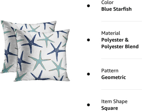 Emvency Set of 2 Throw Pillow Covers, Beach Ocean Coastal Green and Blue Starfish Decorative Pillow Cases 18x18 Inches