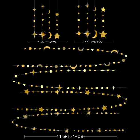 Gold Star Moon Circle Dot Garland Party Decorations Kit, Hanging Crescent & Twinkle Star Streamer Banner