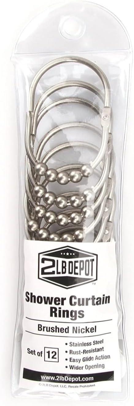 2LB Depot Wide Shower Curtain Rings/Hooks Set, 12 Rings, Decorative Brushed Satin Nickel Finish, Rustproof