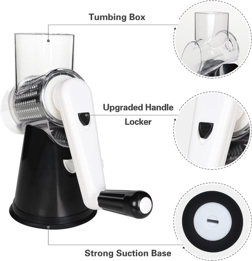Cambom Rotary Cheese Grater Hand Crank Cheese Shredder for Fresh Cheese, Vegetable, Nuts,Non-slip Suction Base, Three