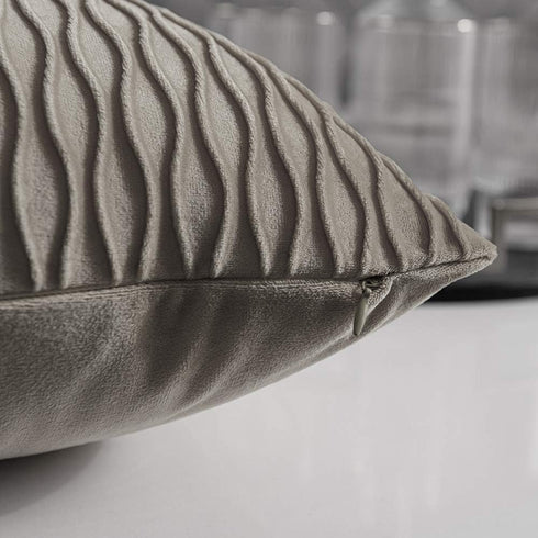 DEZENE Tan Throw Pillow Cases 22x22, 2 Pack Original Striped Velvet Square Decorative Pillow Covers for Farmhouse Couch