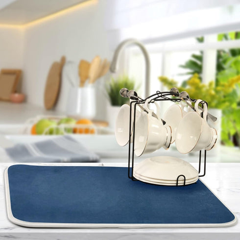 Dish Drying Mat for Kitchen Counter Absorbent Microfiber Dry Dishes Mats Drainer Counter Mat Navy Drying Dish Pad 16 x 18 Inch for Countertops Decor