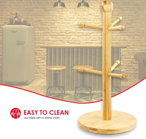 Home Basics Bamboo Mug Tree, Holds Up to 6 Coffee Cups, Free Standing Circular Base for Kitchen Countertop, Beige