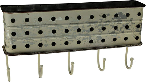 PD Home & Garden Distressed White Metal Wall Pocket with Hanging Hooks