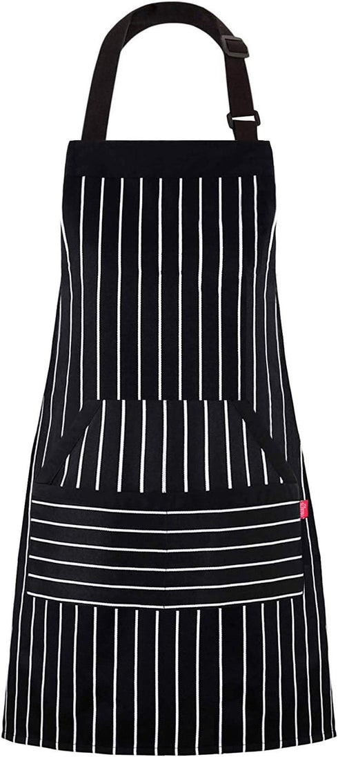 Kitchen Cooking Apron for Women and Men, Adjustable Chef Bib with Pockets - 32" x 28" - Black/White Pinstripe