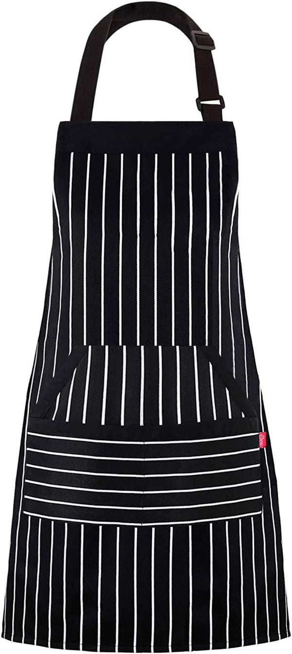 Kitchen Cooking Apron for Women and Men, Adjustable Chef Bib with Pockets - 32" x 28" - Black/White Pinstripe