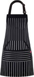 Kitchen Cooking Apron for Women and Men, Adjustable Chef Bib with Pockets - 32" x 28" - Black/White Pinstripe