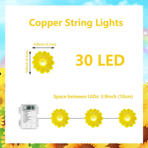 30 Sunflower String Lights Spring Fairy Lights, LED Copper String Lights with Remote Control & Battery Operated Novelty