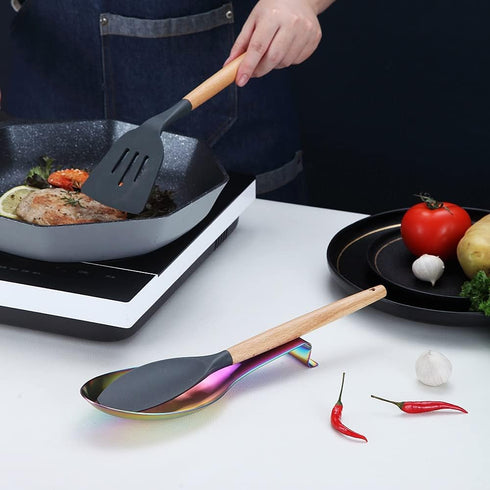 Matte Rainbow Spoon Rest, Stainless Steel Holder for Kitchen Utensils, Dishwasher Safe (1PC-9.5 Inch)