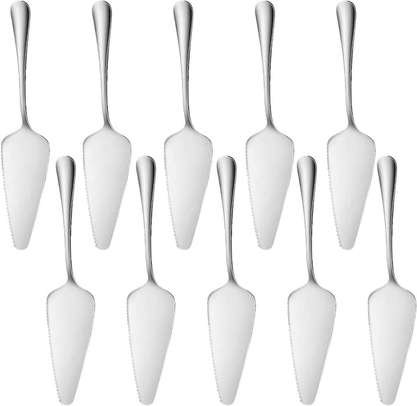 Stainless Steel Cake Server Pack of 10, Triangular Spade Spatula with Serrated Edge for Pizza and Baking, Silver