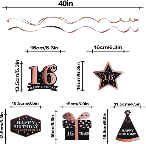 LINGTEER Happy 16th Birthday Decorations - 12 Pcs Black & Rose Gold Foil Swirls Streamer Set for Bday Party
