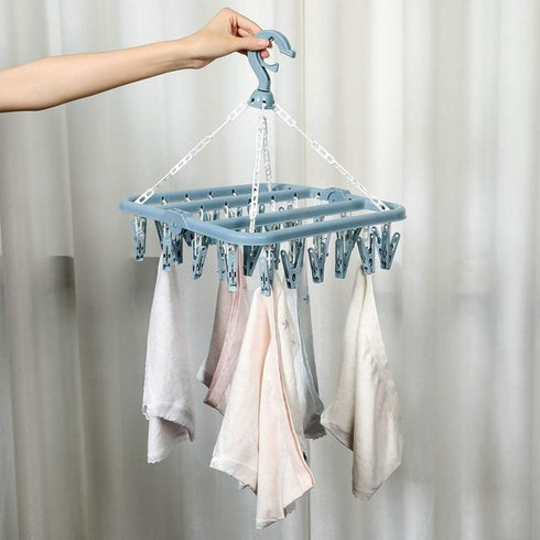 Clothes Drying Hanger with 32 Clips, Drip Foldable Hanging Rack (Light Blue)
