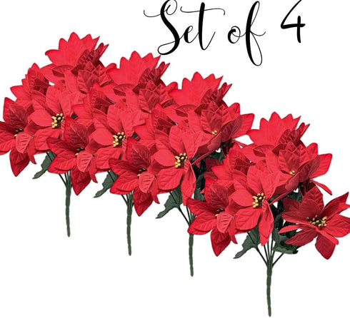 BANBERRY DESIGNS Poinsettia Picks - Set of 7 Red Christmas Flowers, 11" H Poinsettia Flower Bunch
