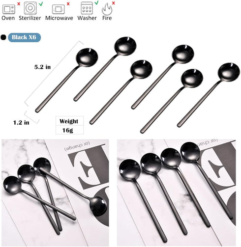 6 PCS Black Coffee Spoons, 18/8 Stainless Steel Espresso Spoons, 5.2 Inches, Vogue Mini Tea Spoon