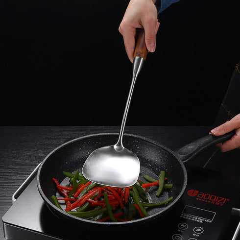 AOOSY Wok Spatula, 15.7 Inches, 18/10 Stainless Steel Utensil with Wooden Handle for Kitchen Cooking