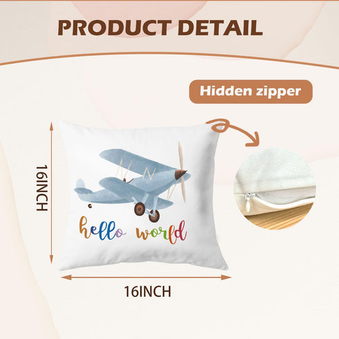 16x16 Set 2, Hot Air Balloon Airplane Nursery Decor, Hello World Adventure Awaits Airplane Hot Air Balloon Pillow Case