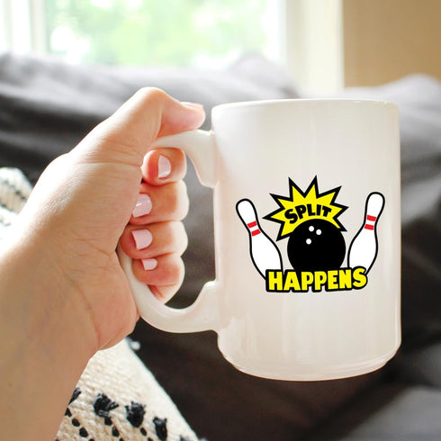 Split Happens - Large 15oz Bowling Coffee Mug - Funny Bowling Gifts and Decor for Bowlers
