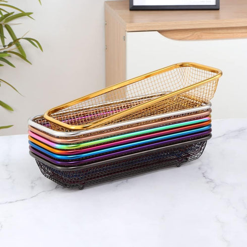 Silverware Drawer Organizer, Rainbow Mesh Kitchen Drawer Organizers, Iridescent Stackable Storage Basket Metal Utensil Holder for Flatware, 12.5"x5"x2.5", Pack of 2 by BYEGOU