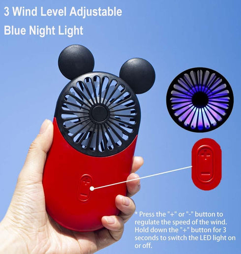 Cute Personal Mini Fan (2 PACK), USB Rechargeable Handheld Fan with Stylish LED Light, 3 Speed Adjustable, Cute Mouse
