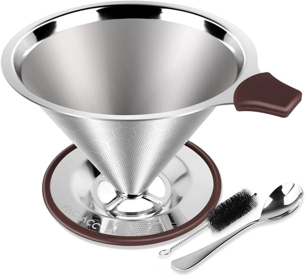 Pour Over Coffee Dripper, Professional Stainless Steel Filter, Paperless Reusable with Spoon and Silicone Tray