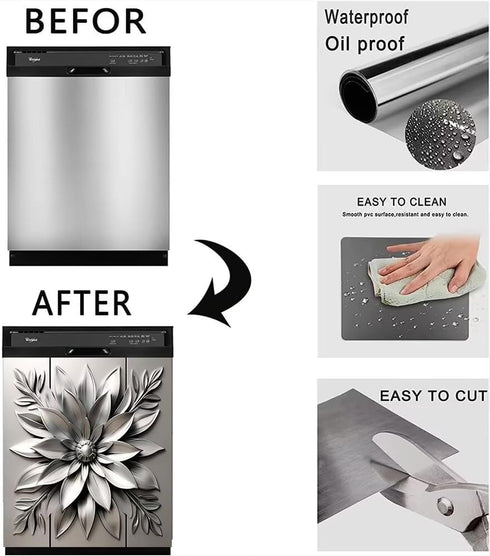 Stainless Steel Flower Magnetic Dishwasher Cover, Decorative Metal Art Style Kitchen Appliance Sticker, 23"x26"