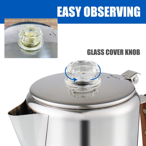 Camping Coffee Pot 9 Cups, Stainless Steel Coffee Percolator with Clear Top Glass Knob for Stovetop or Campfire Brewing