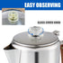 Camping Coffee Pot 9 Cups, Stainless Steel Coffee Percolator with Clear Top Glass Knob for Stovetop or Campfire Brewing