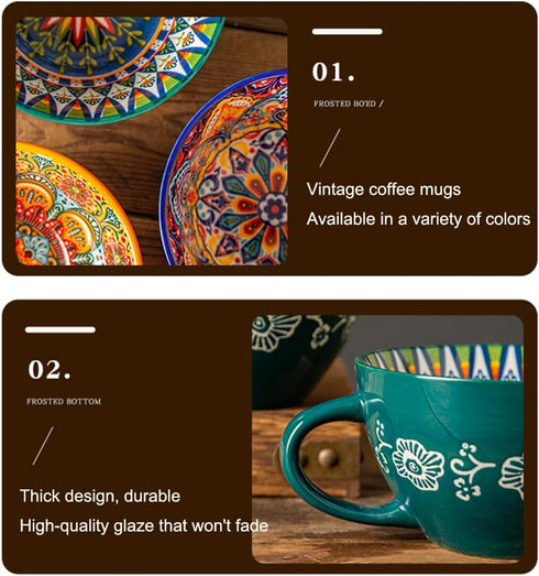 JINNTHE 15 Oz Bohemian Hand-Painted Ceramic Mug, Large Coffee Cup for Milk, Tea, and Breakfast, Dishwasher & Microwave