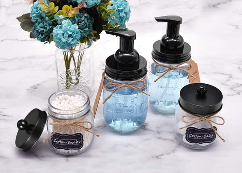 Amolliar Mason Jar Foaming Soap Dispenser, Plastic Pump with Rustproof Stainless Steel Lid, Black (2 Pack)